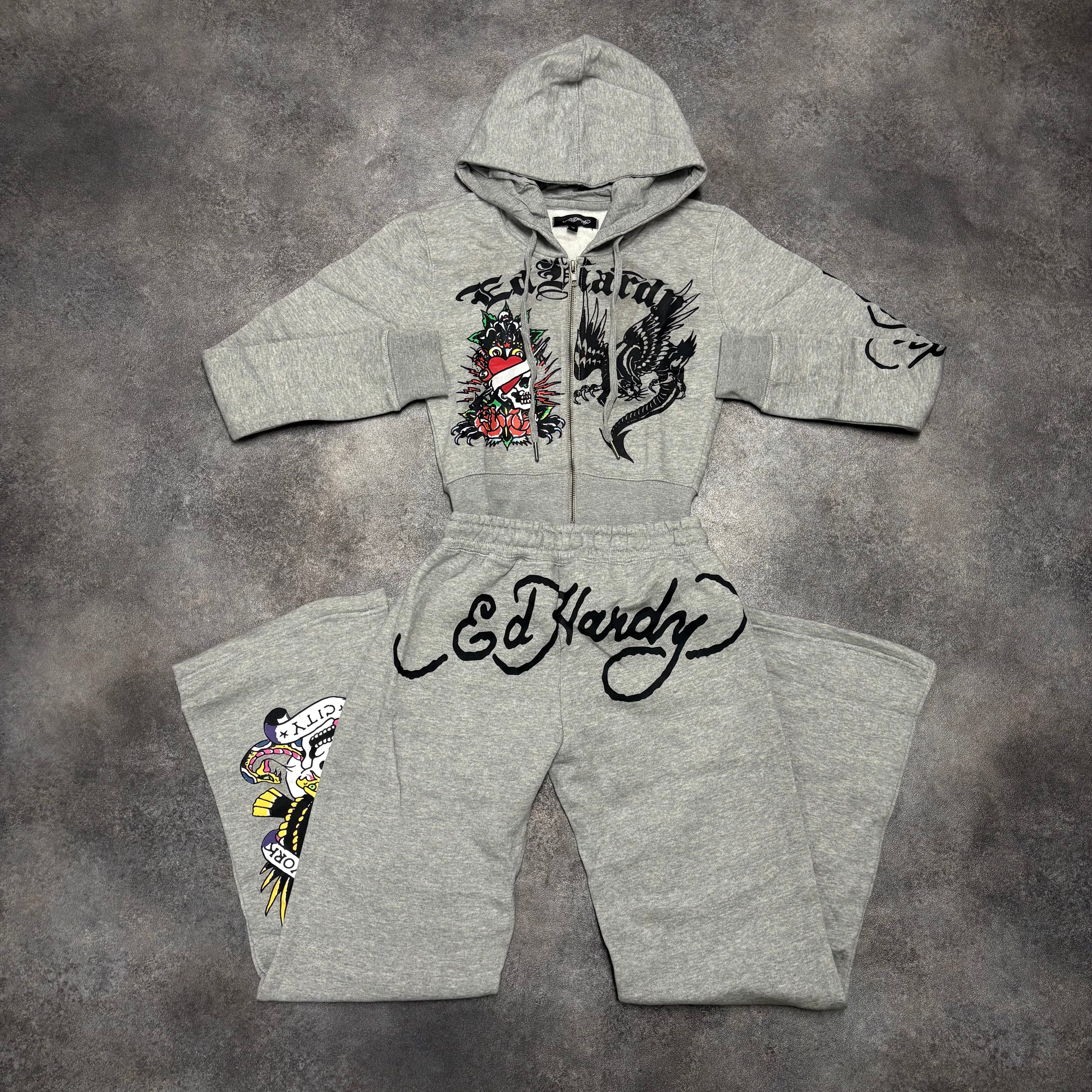 Ed Hardy Skull & Rose Graphic Zip-Up Tracksuit – Heather Grey