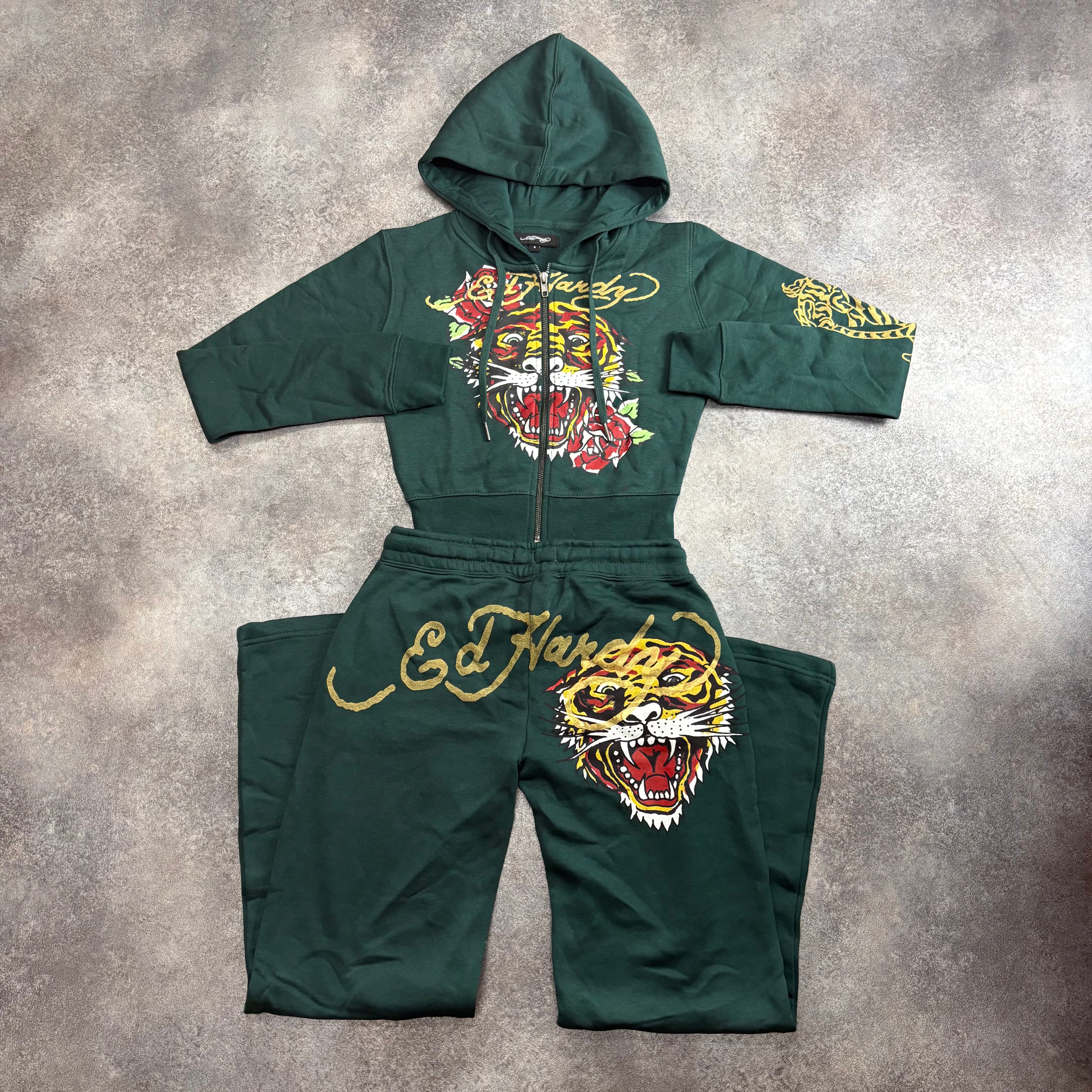 Ed Hardy Tiger Graphic Zip-Up Tracksuit – Dark Green