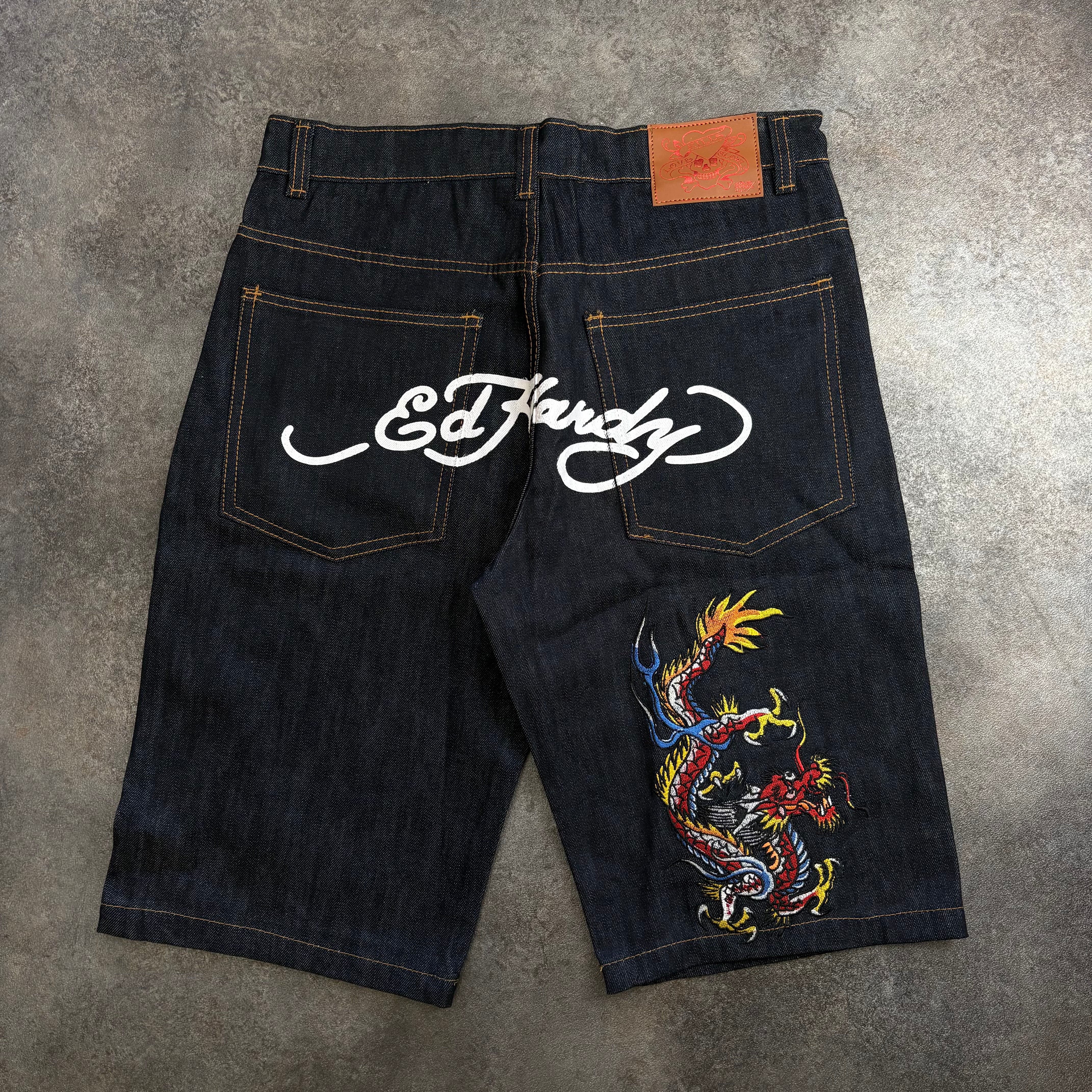 Mens Ed Hardy Signature Script Dragon Denim Shorts – Raw Indigo