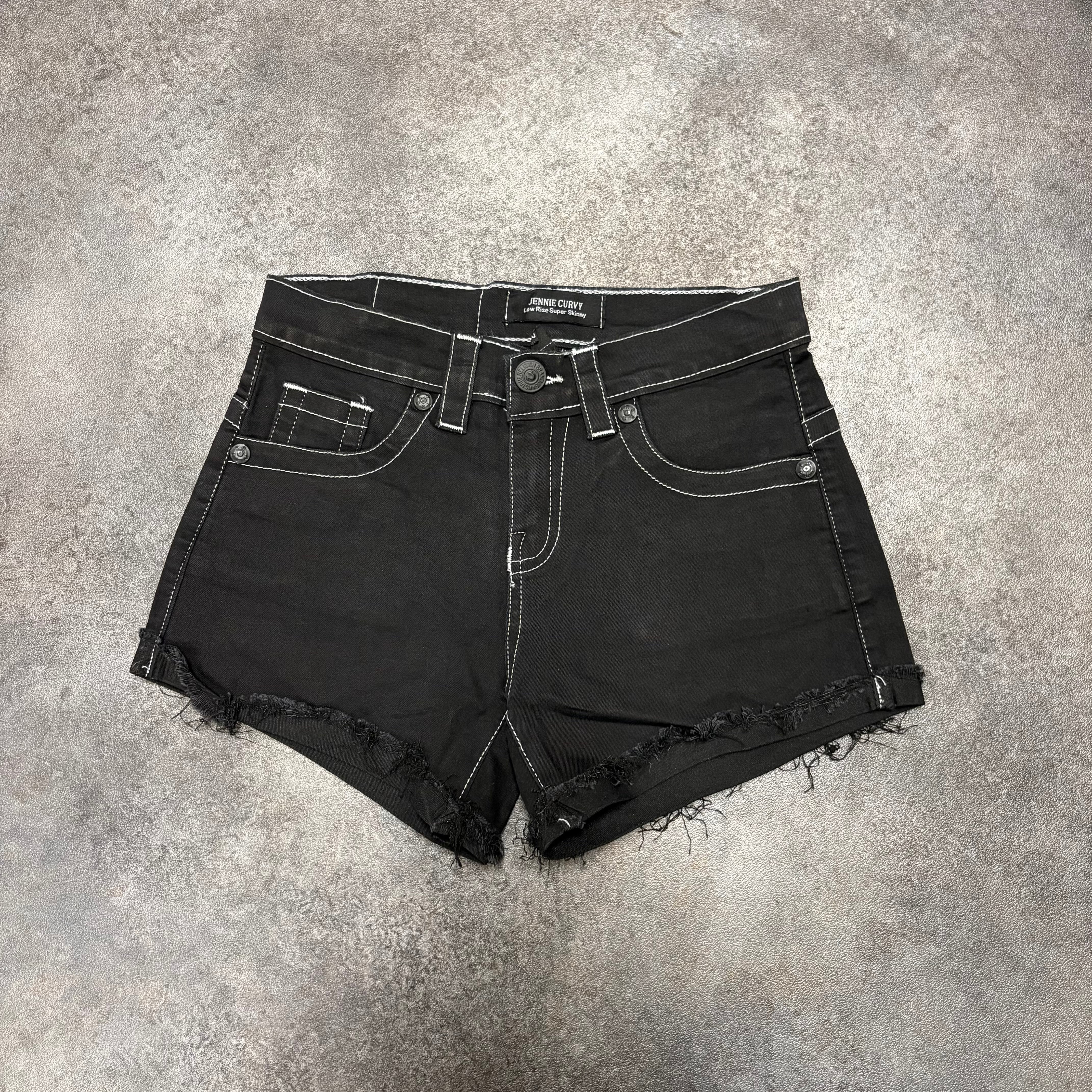 True Religion Jennie Curvy Low Rise Super Skinny Denim Shorts – Black
