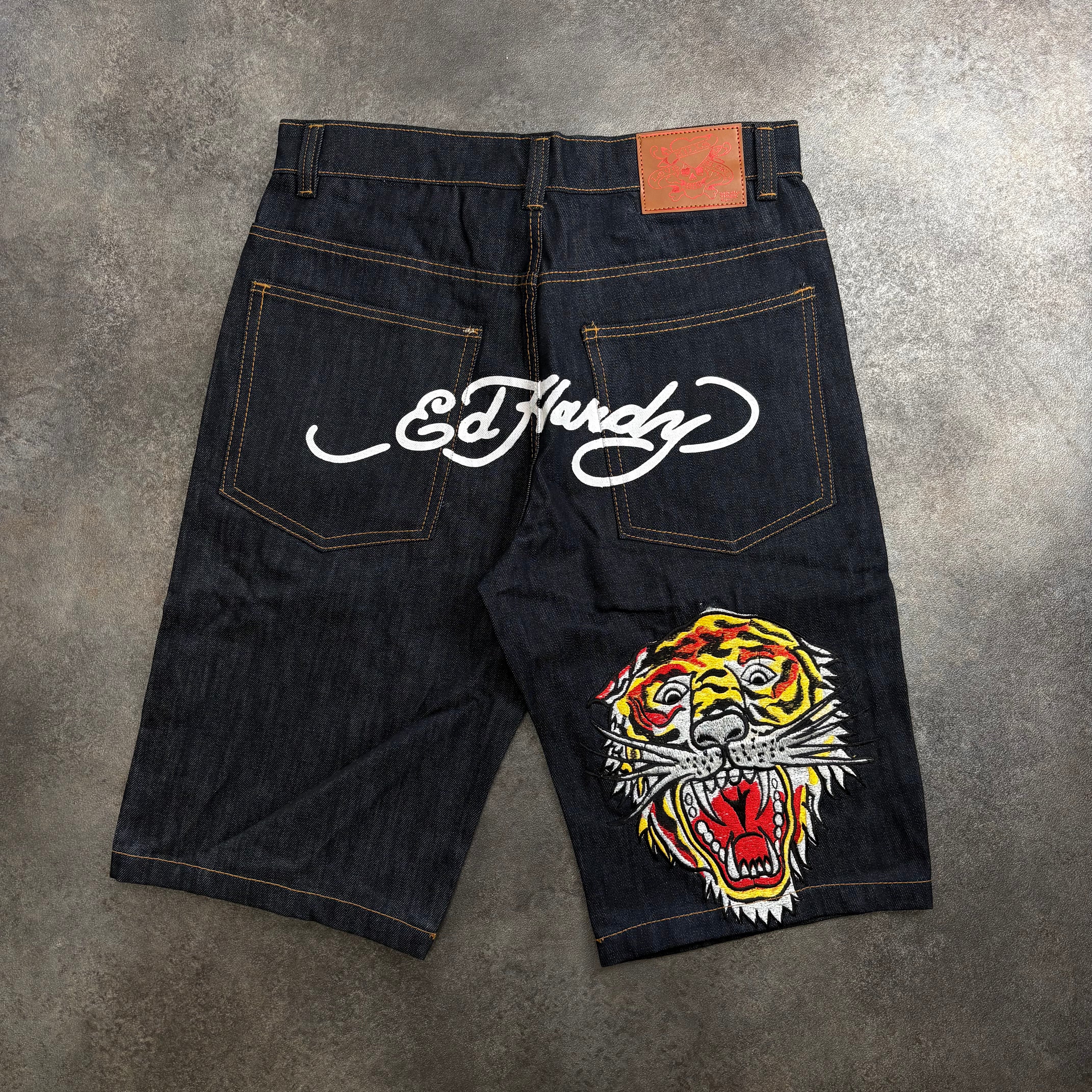 Mens Ed Hardy Tiger Logo Embroidered Denim Shorts – Dark Indigo