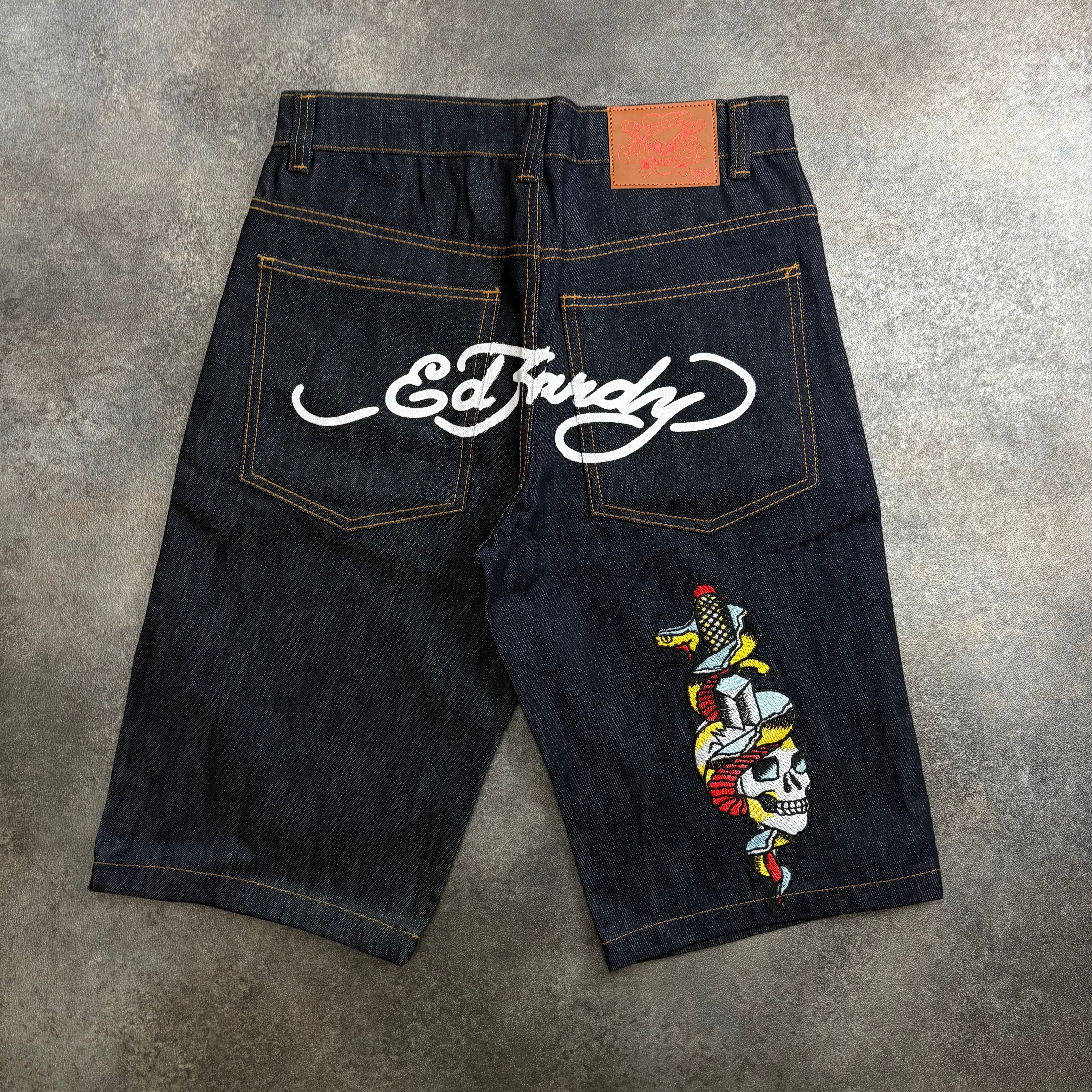 Mens Ed Hardy Skull & Snake Embroidered Denim Shorts - Dark Indigo